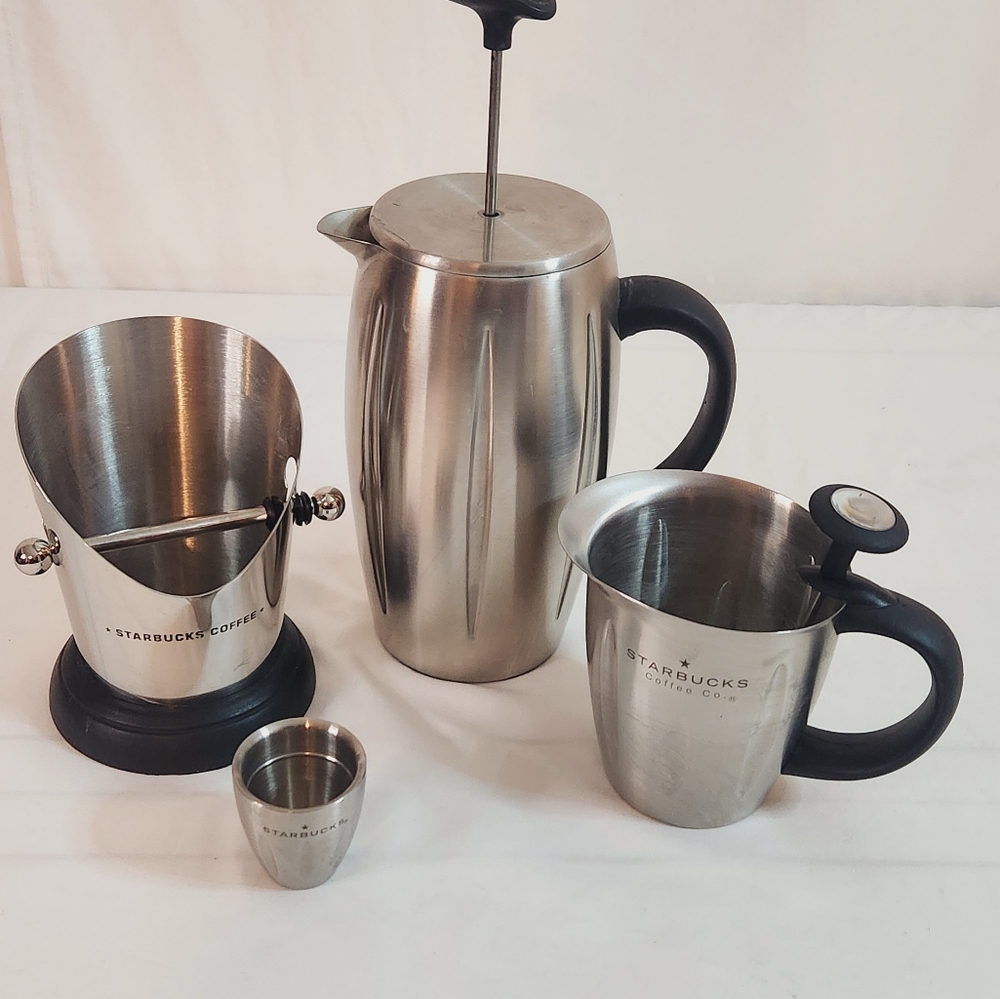 Starbucks Barista Set Vintage French Press, Frothing Pitcher, Knockbox, Shot Cup